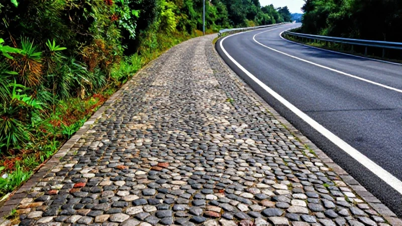 Camino antiguo fusionado con carretera moderna y luces dramáticas