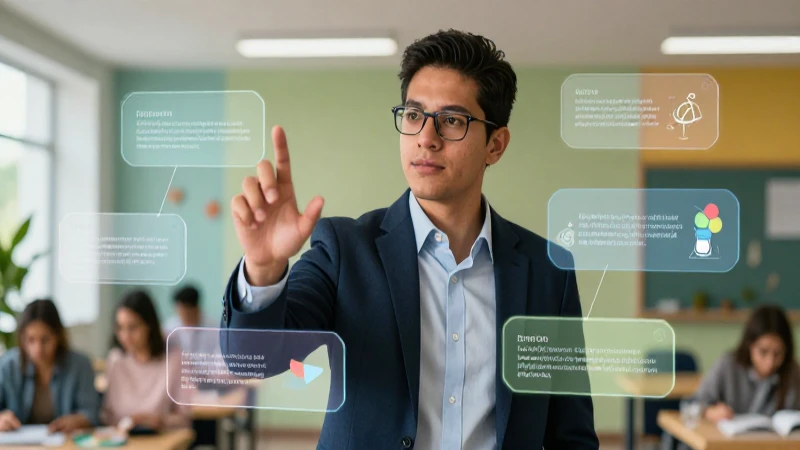 Educador mexicano moderno interactúa con ideas conceptuales