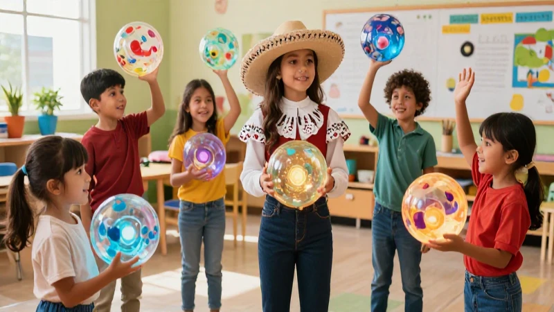 Niños felices interactúan con esferas de conocimiento brillante