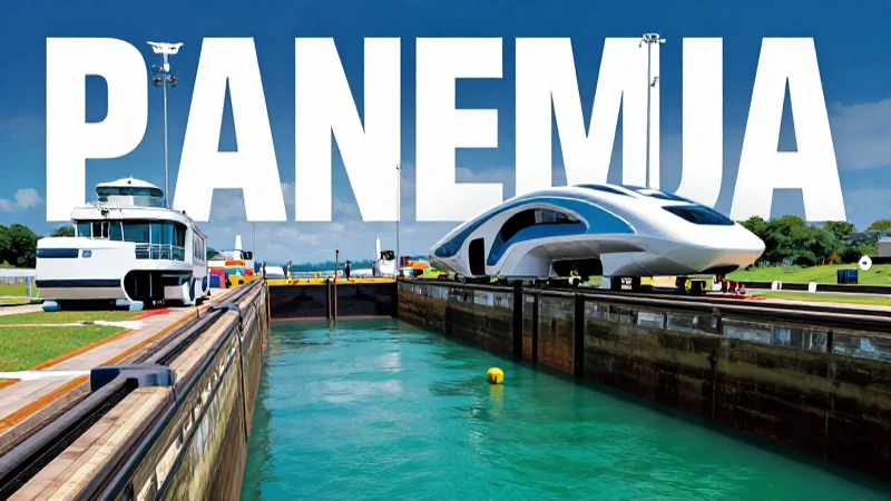 Canal de Panamá futurista con agua turquesa vibrante
