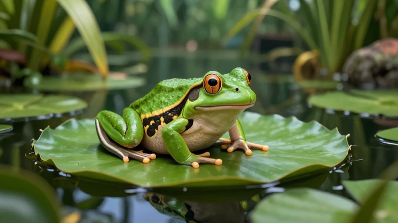 Rana verde en nenúfar en ambiente tropical