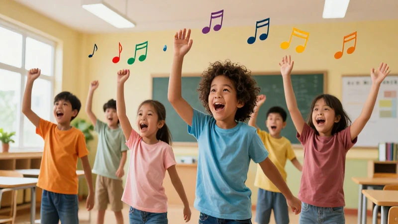 Niños diversos cantan y bailan en clase colorida