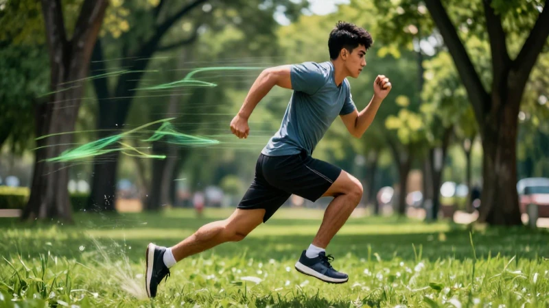 Estudiante mexicano corriendo en un parque vibrante