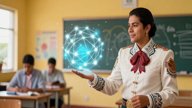 Profesora moderna rodeada de conocimiento vibrante