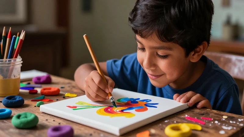 Niño mexicano pintando con intensidad en un estudio