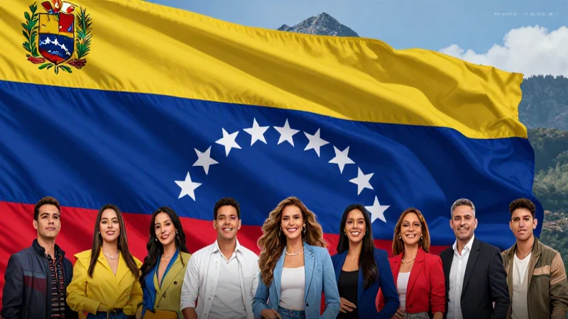 Escudo venezolano y gente bajo picos andinos