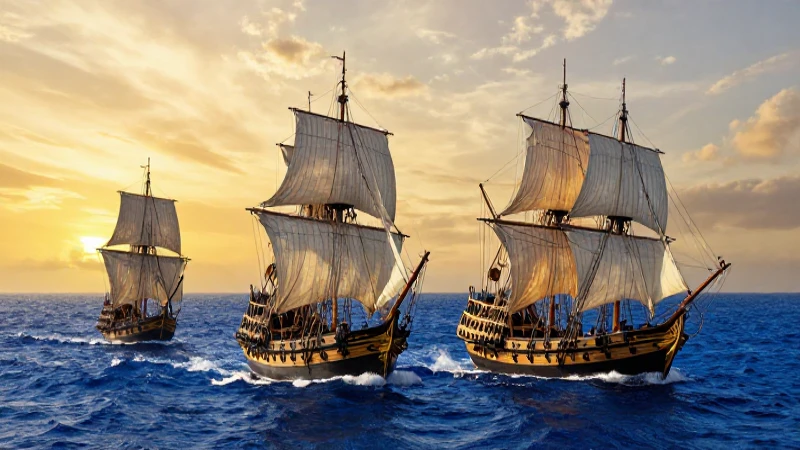 Tres carabelas españolas navegando al amanecer