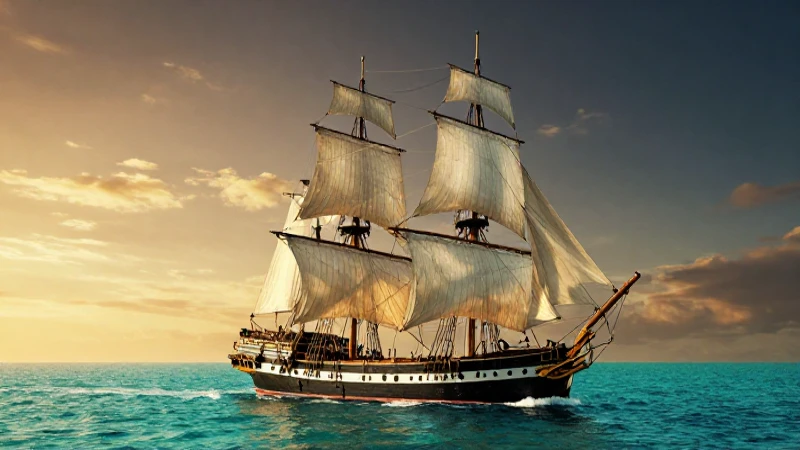 Barco antiguo majestuoso en aguas turquesas bajo luz dorada