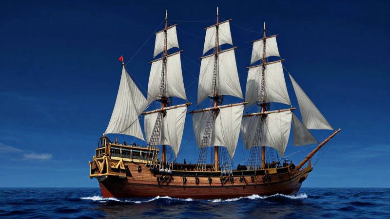 Modelo detallado de carabela portuguesa en mar azul