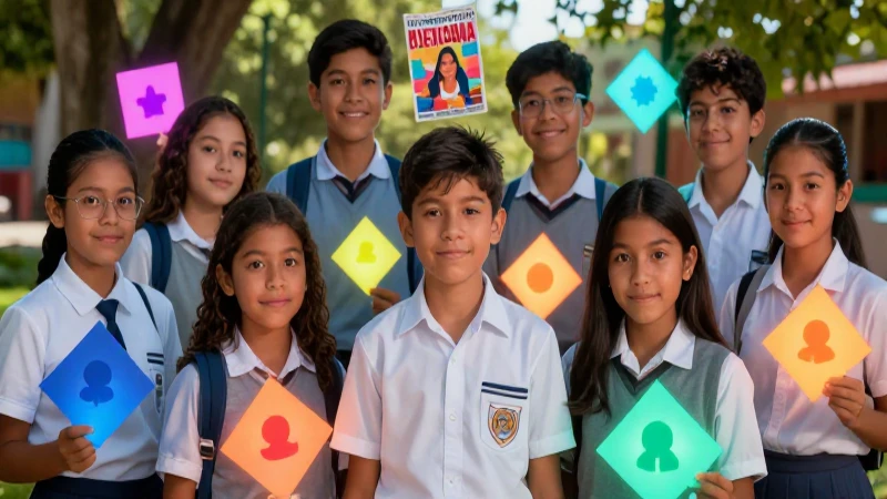 Caracter: Concepto, Ejemplos, Temperamento y Personalidad 4 Estudiantes mexicanos con rasgos geométricos vibrantes