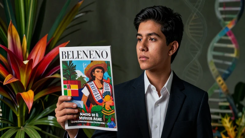 Joven pensativo con diseño de revista educativa