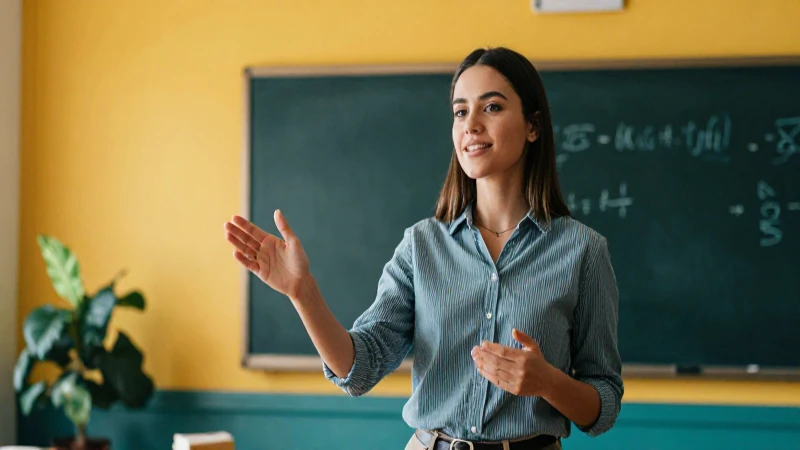 Joven educador dinámico en aula moderna y vibrante