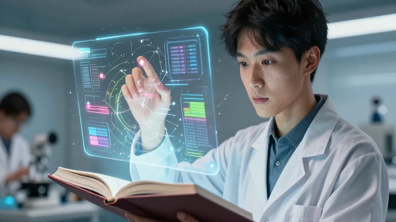 Investigador moderno interactúa con datos holográficos brillantes