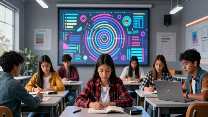 Ilustración vibrante de estudiantes en un aula moderna