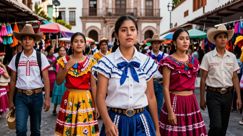 La Sociedad Mexicana: Tradiciones, Diversidad y Cultura Fascinante 3 Jóvenes mexicanos vibrantes en mercado colonial colorido