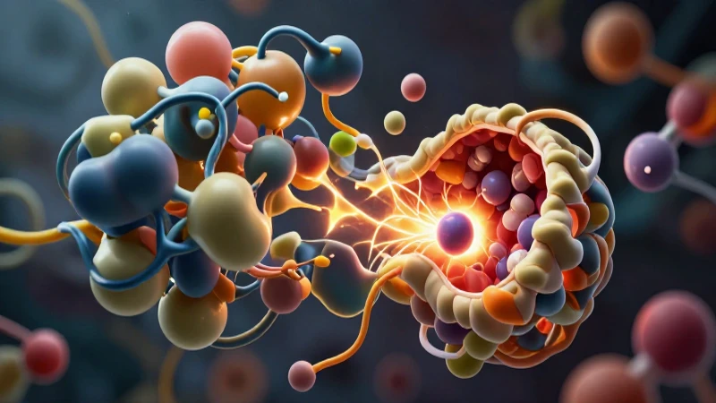 Estructura proteica detallada con moléculas y energía