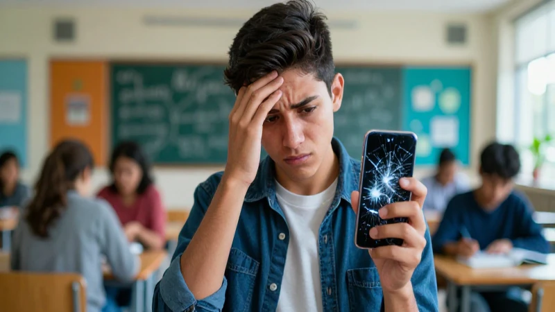 Joven estudiante mexicano angustiado sostiene móvil roto