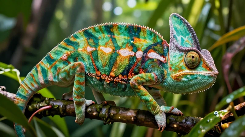 Camaleón vibrante y realista en un bosque tropical