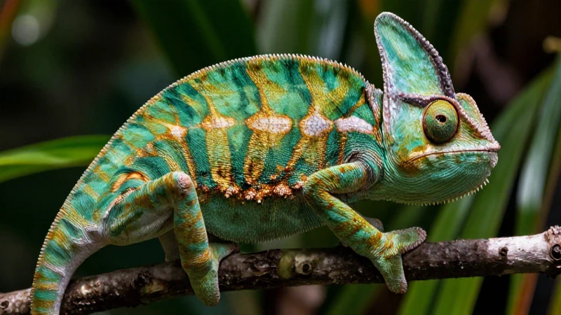 Camaleón vibrante en ramas tropicales con gran detalle