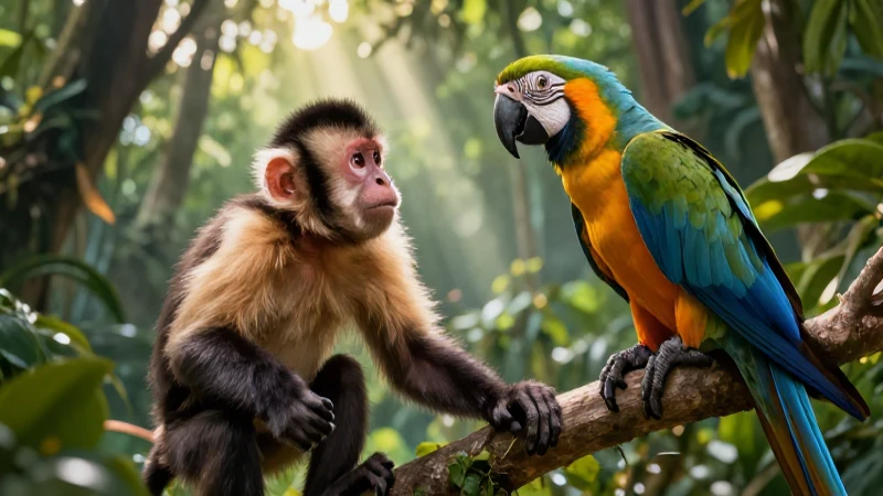 Explora la Conoce diversidad y características de los animales 4 Mono y guacamaya en vibrante jungla