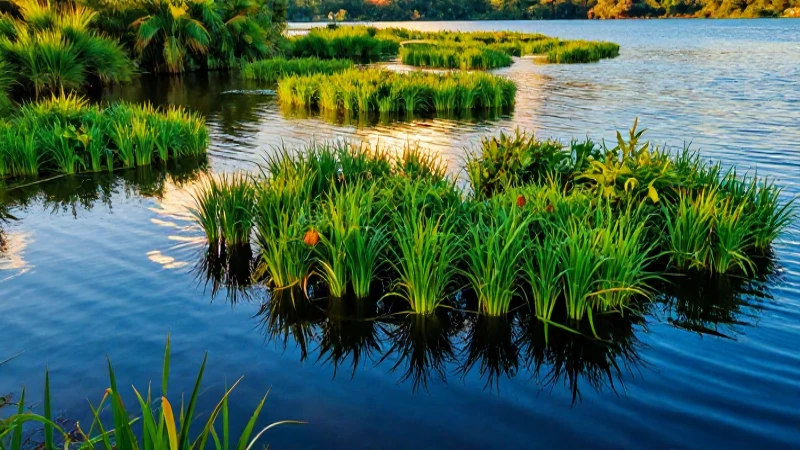 Paisaje de lago vibrante con luz y flora exuberante