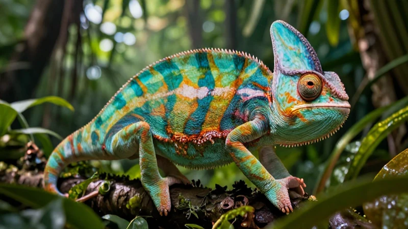 ¡Conoce las características únicas de los seres vivos! 5 Camaleón colorido en jungla con iluminación dramática