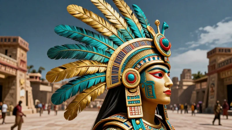Penacho azteca detallado en plaza antigua