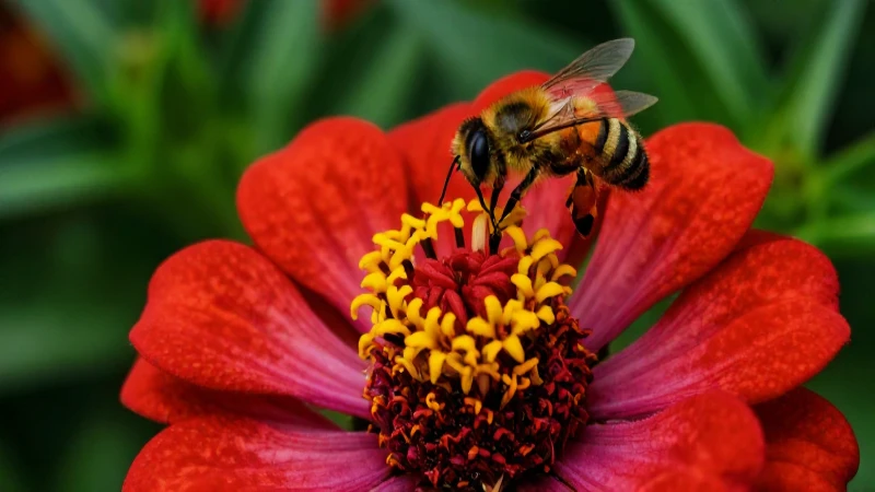 Flor vibrante con polen y polinizador detallado
