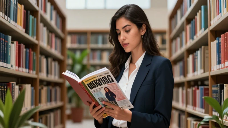Mujer joven ilustrando una revista académica moderna