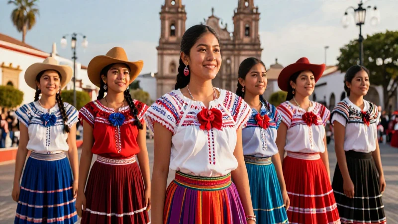 Estudiantes mexicanos vibrantes en vestimenta tradicional