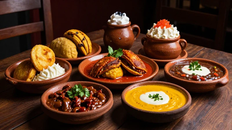 Comida callejera vibrante con mole y platillos auténticos