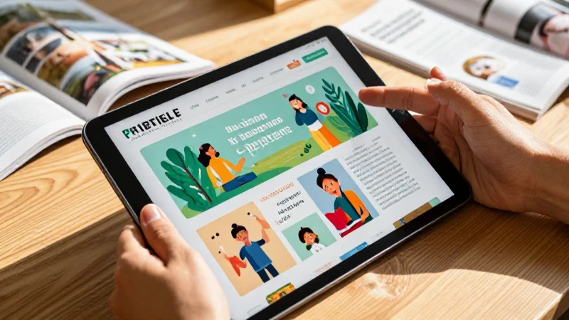 Manos exploran recursos educativos digitales en escritorio
