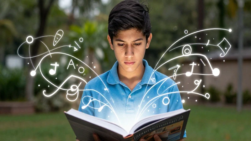 Estudiante reflexivo observa libro con símbolos de comunicación