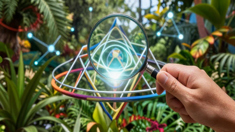 Lupa iluminando geometría en follaje vibrante