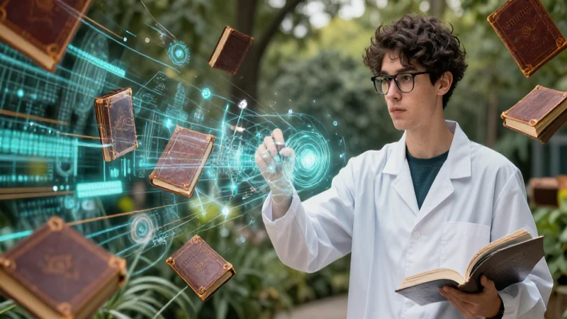 Investigador joven con datos etéreos en estilo de revista
