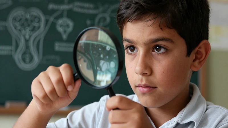 Estudiante curioso observa detalle biológico