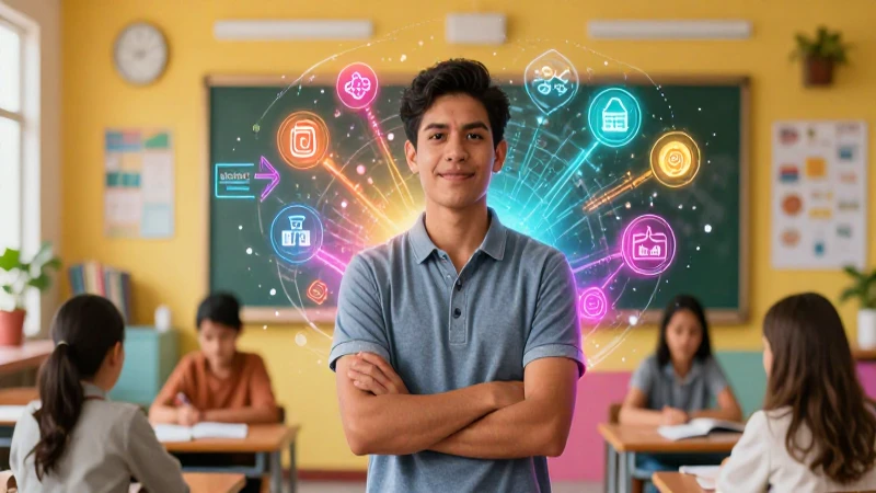 Profesor mexicano brillante en aula moderna