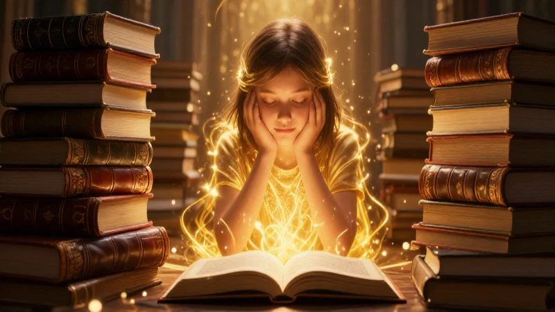 Estudiante contemplativo iluminado con libros antiguos