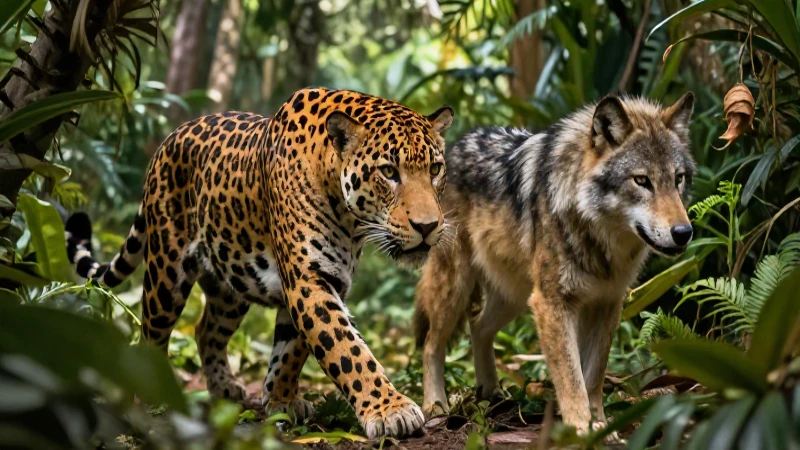 Carnívoro: Concepto, tipos y características en animales 4 Jaguar y lobo en jungla mexicana vibrante