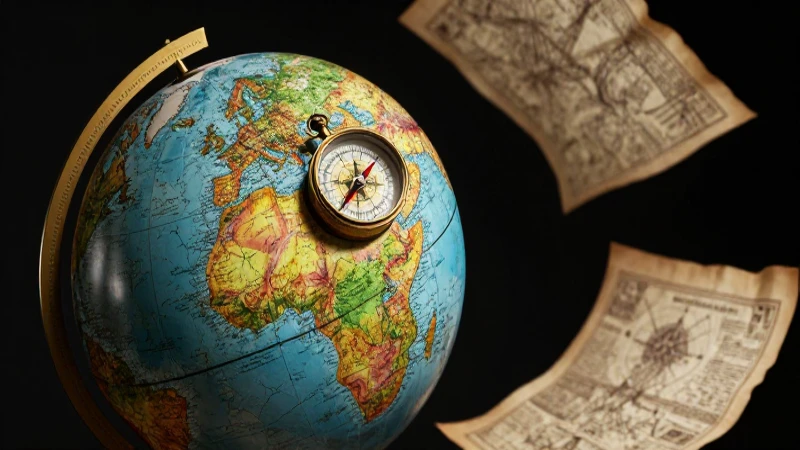 Globo antiguo con brújula y mapas flotantes