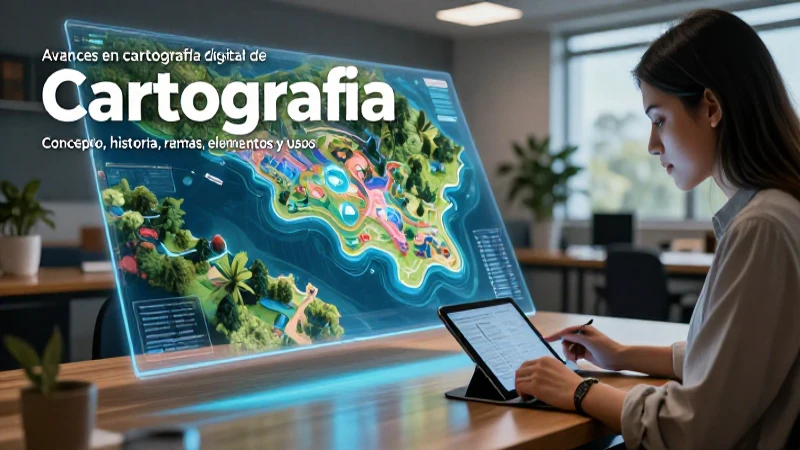 Mapa holográfico digital sobre escritorio con estudiante profesional