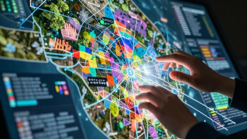 Mapa holográfico histórico con elementos interactivos y vibrantes