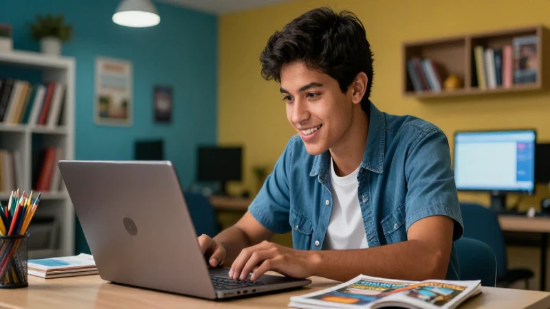 Estudiante mexicano sonríendo con su laptop moderna