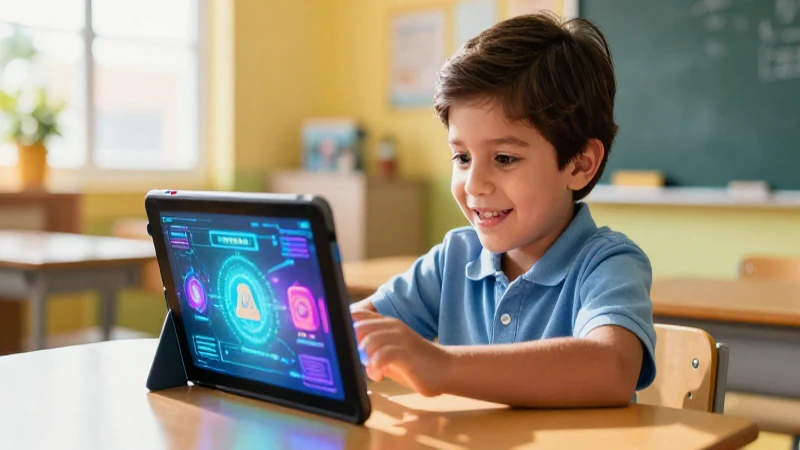 Niño sonriente aprende en tablet futurista