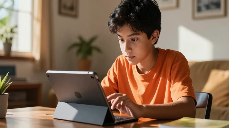Joven peruana estudia en un entorno digital moderno