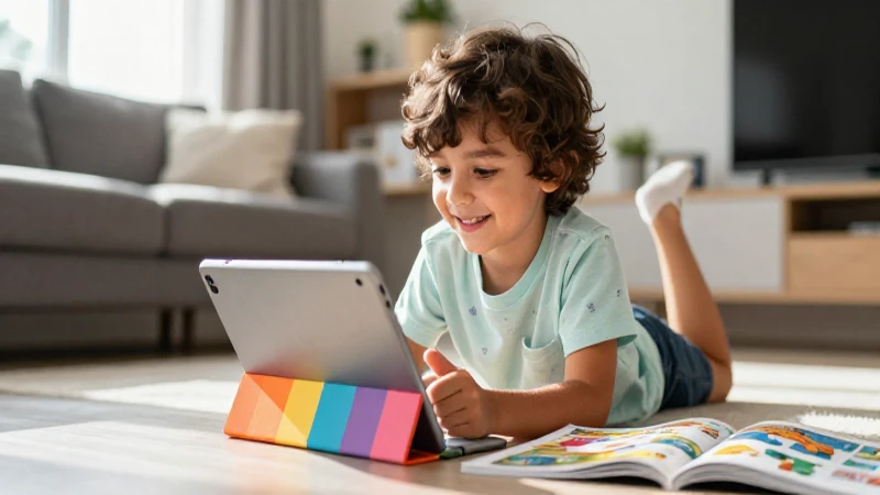 Niño sonriente aprende con tablet en casa moderna