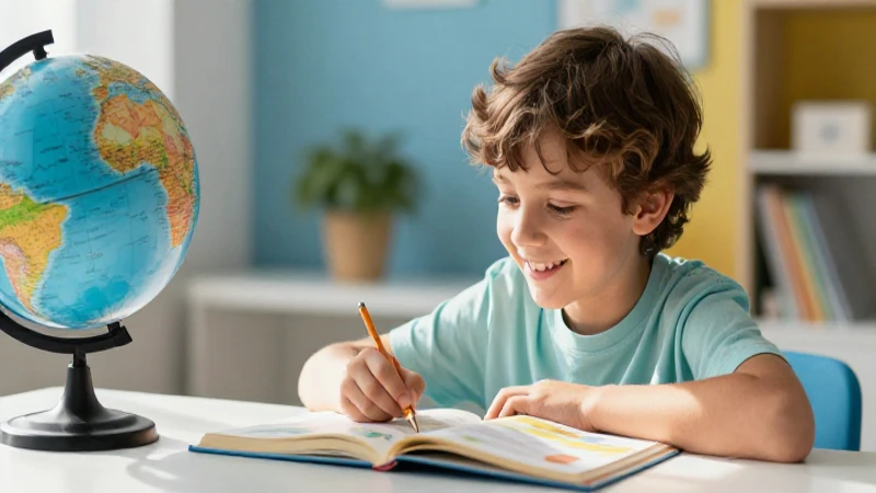 Casa en inglés: Aprendo inglés y otros idiomas en casa 4 Estudiante sonriente aprende en un escritorio moderno