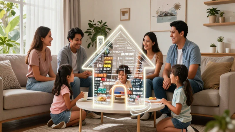 De qué manera se relacionan las palabras en la familia casa 6 Familia mexicana cálida interactúa en sala moderna