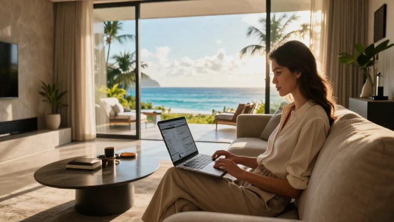 Mujer planeando vacaciones perfectas desde un hogar moderno