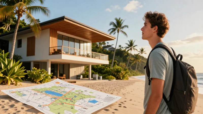 Joven explorador admira casa moderna tropical